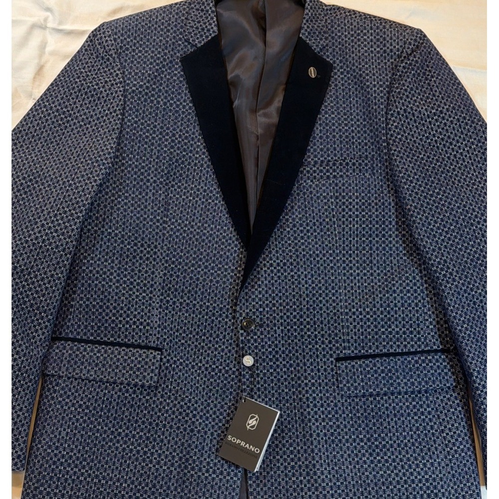 SOPRANO BLAZER SPORT COAT 46L NAVY Textured Velvet Lapel SUIT JACKET NEW